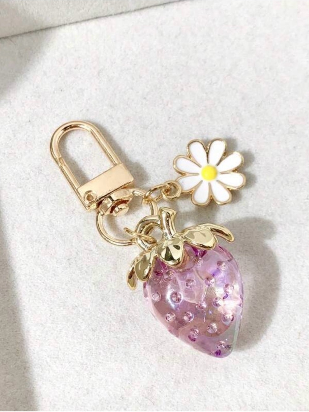 Gold-Plated Lavender Resin Strawberry Keychain with Daisy Charm